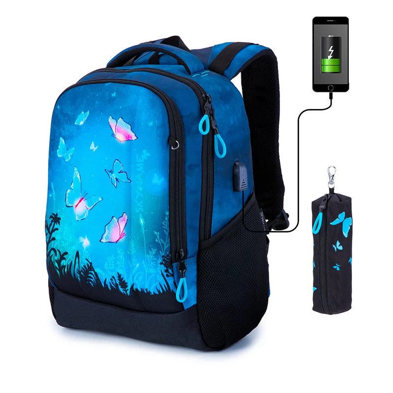 

Школьный портфель для девочек с USB-портом для зарядки, многофункциональный ортопедический Детский рюкзак с мультипликационным рисунком для студентов