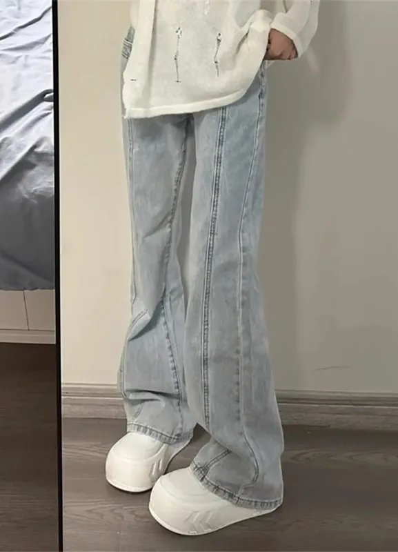 

High Street Light Blue Slim Female Jeans Vintage Straight Casual Solid Color Women's Flare Pants Fashion Office Ladies