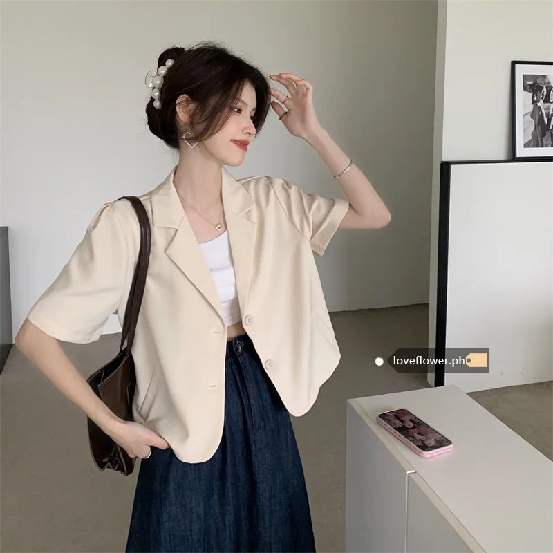 

Корейские женские топы, модный однотонный короткий Блейзер, Топ