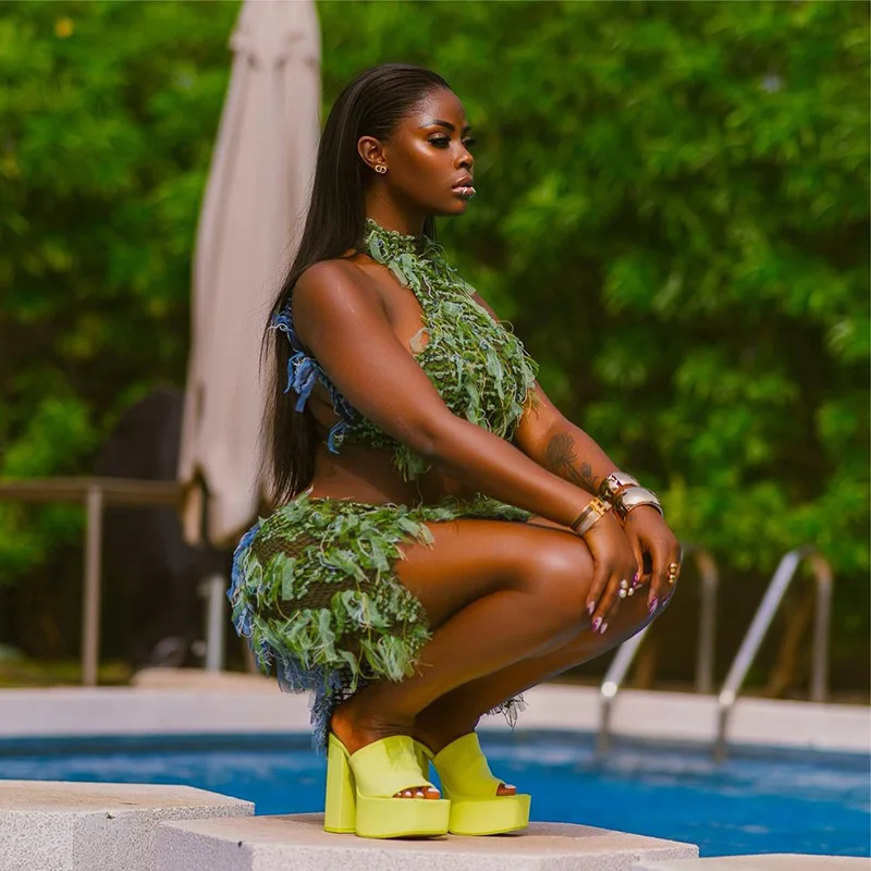 Цветной лоскутный сетчатый женский пикантный комплект из 2 предметов с бахромой