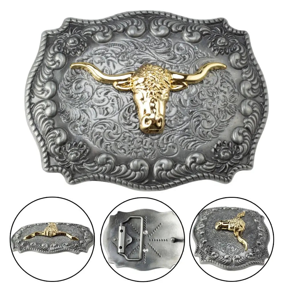 

Durable Rock Style Casual Western Cowboy Smooth Buckle Golden Bull Head End Bar Classic Waistband Head Belt Buckles