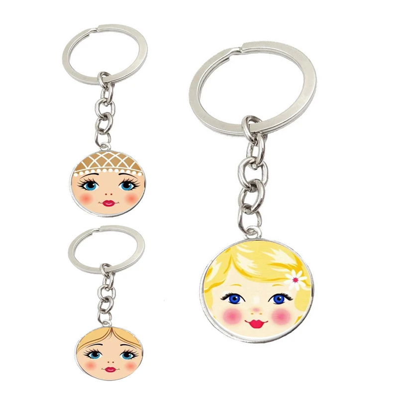 

Серебряное кольцо для ключей из сплава с изображением российского куклы, стеклянный кабошон, симпатичный брелок, кольцо для ключей, ювелирн...