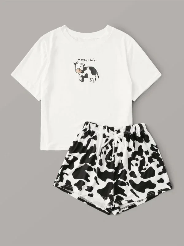 

Cow Print Cute Pajamas Cotton 2021 Pijama Verano Mujer Sleepwear Set Women Home Clothes Pajamas with Shorts Pizama Damska