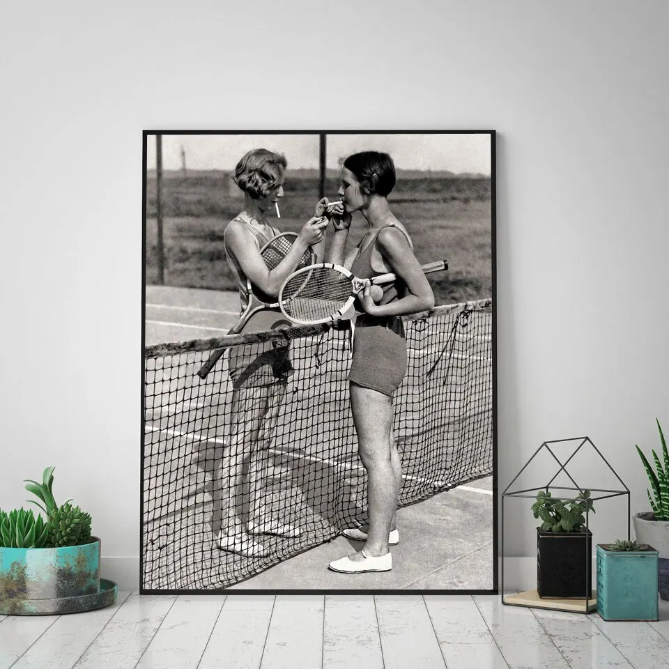

Vintage Tennis Photo Women Smoking Cigarettes Print Players Smoker Gift Black and White Photography Cool Wall Decor Poster Print
