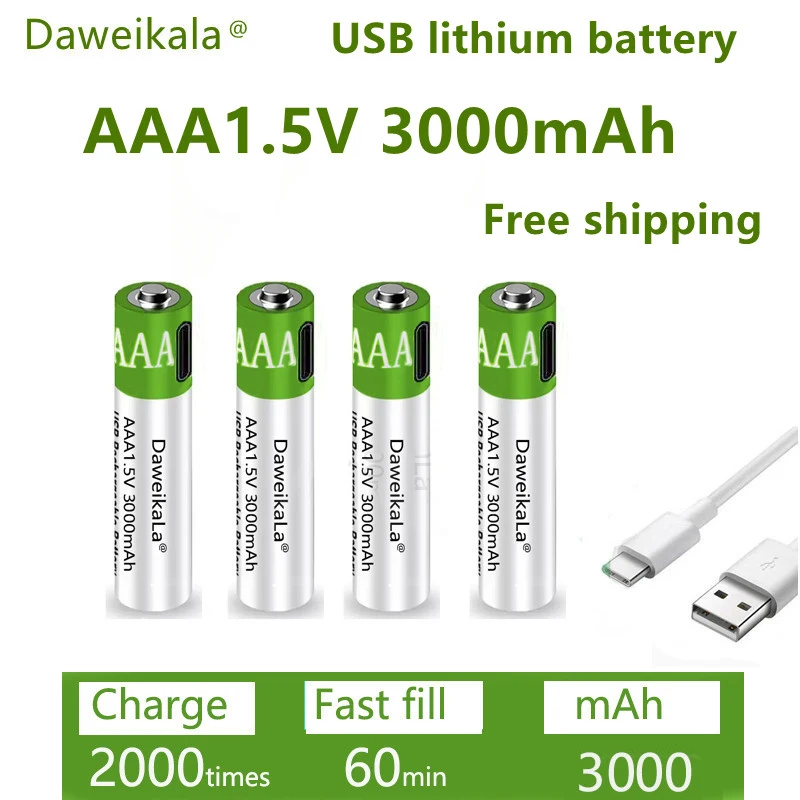 

Fast Charging 1.5VAAA Lithium Ion Battery with 3000mah Capacity and USB Rechargeable Lithium USB Battery for Toy Keyboard Toys
