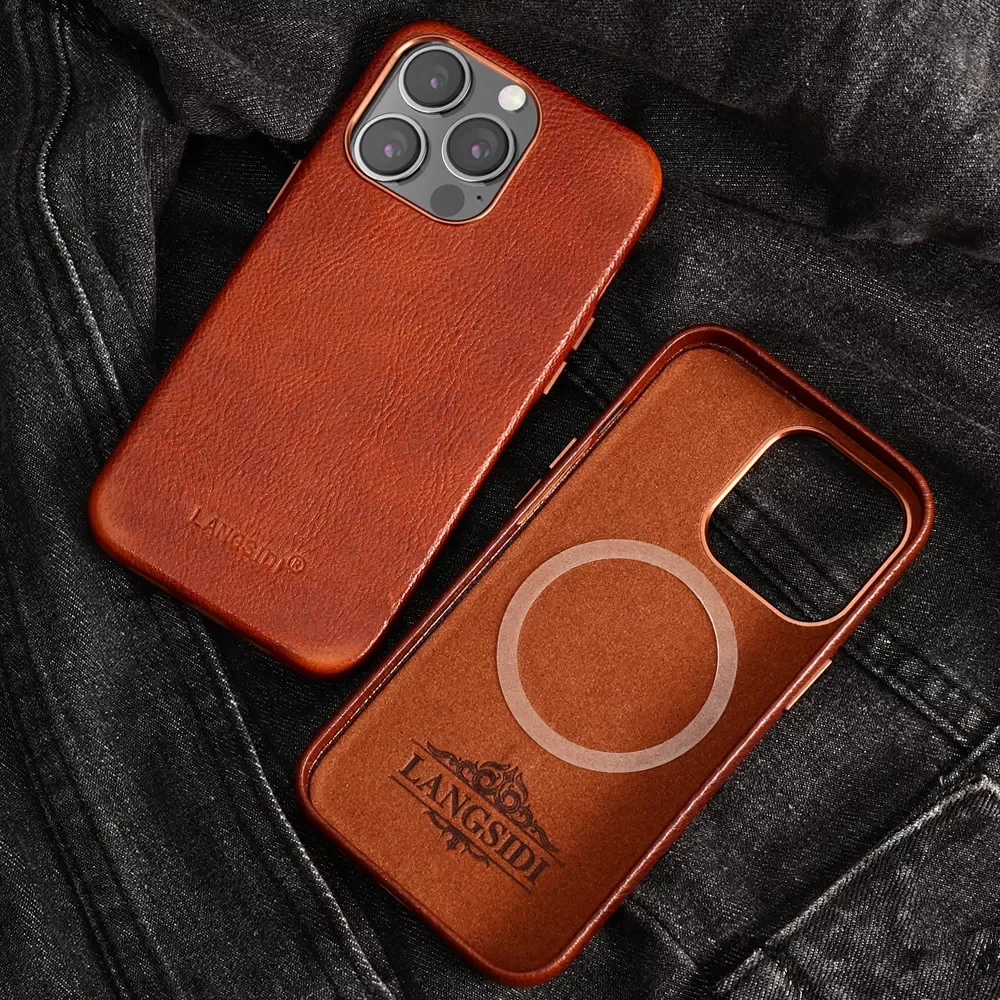 

Genuine Leather Phone Case for iPhone 13 Pro Max Case 13pro 13 Mini for Magsafe Magnetic Wireless Charging Full Protective Cover