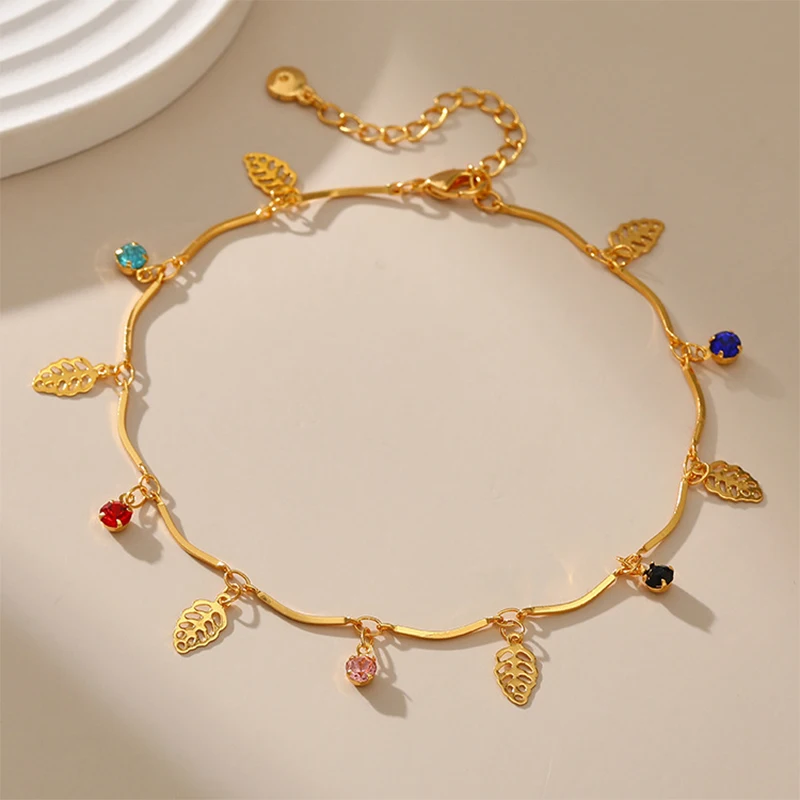 

Stainless Steel Leaf Charms Anklets for Women Summer Beach Foot Accessories Leg Chain Jewelry Fashion Boho Zircon Ankle Bracelet