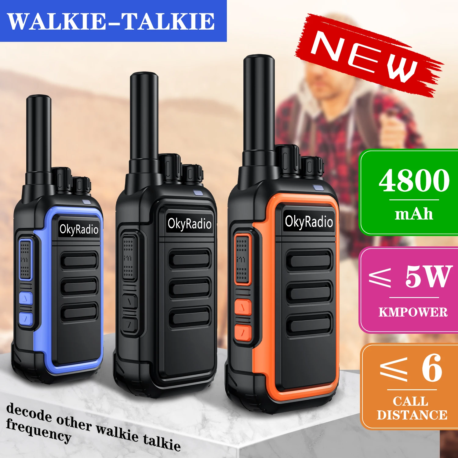 

2022 new 4800mah okyRadio 5w portable waterproof walkie-talkie 6km call distance suitable for self-driving tour traffic control