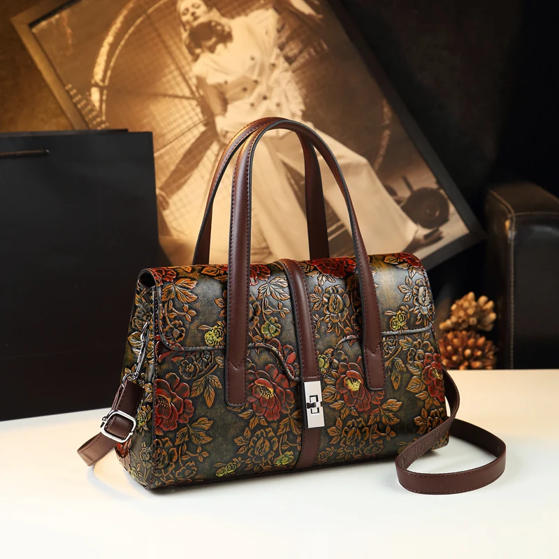 

Роскошные модные женские сумочки, вместительная сумка-тоут для мам, кожаные ретро сумки-мессенджеры на плечо с тиснением и цветами