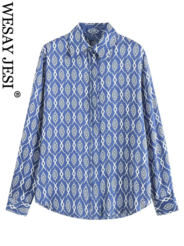 WESAY JESI Women's Fashion Print Blue Blouse Vintage Lapel Slim Long Sleeve Button Shirts Female Casual Satin Chic Tops Blouses