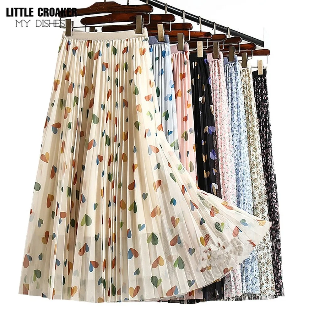 

Spring Summer Korean Mesh Voile Tulle Women Print Aesthetic High Waist Midi Floral Skirt Female Bottoms A Line Pleated Skirt