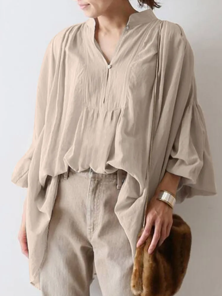 

Женские блузки большого размера 2022, асимметричные плиссированные однотонные топы, осенние женские рубашки ZANZEA, элегантная женская рубашка ...