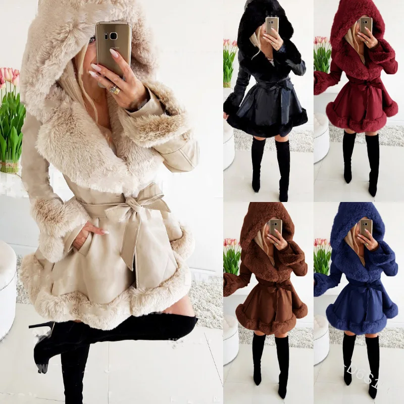 2022 Long Sleeve hooded Leather Long Coat Faux Fur Belt Lapel Coat Jacket Women  Thick Warm Fur Belt Fur Coat Dress Luxury lady
