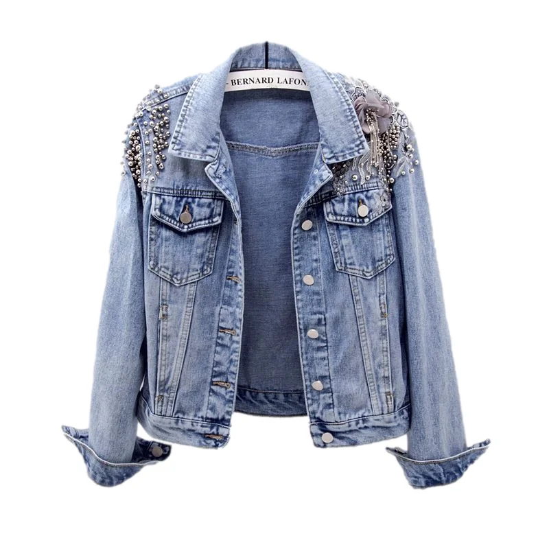 

Куртка женская джинсовая с вышивкой, облегающая короткая ковбойская верхняя одежда в Корейском стиле, Повседневная Джинсовка с большими карманами, синий жакет на осень