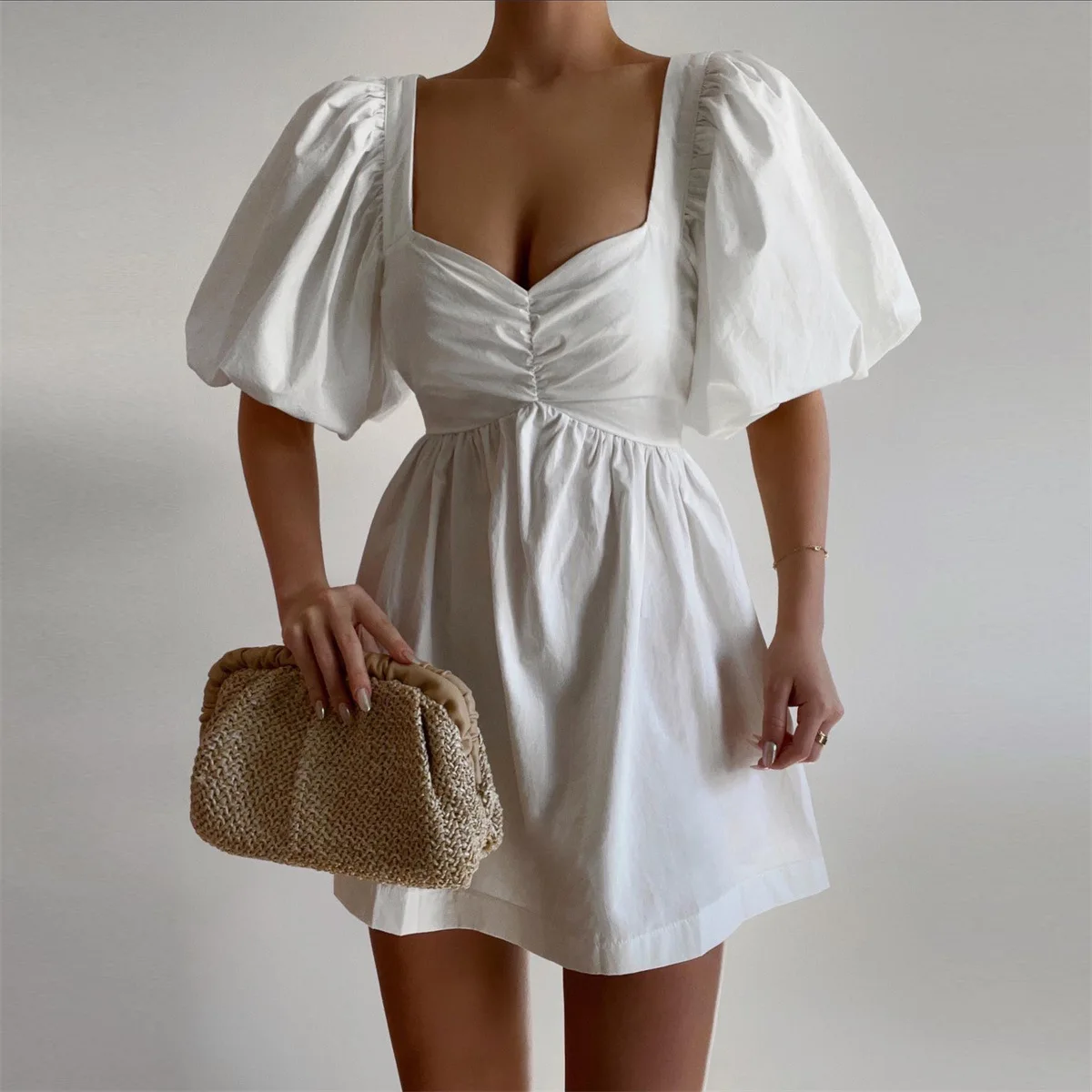 

Сексуальная короткая юбка с U-образным вырезом Новинка весна-лето 2023 женское платье для отдыха из чистого хлопка с пышными рукавами юбка принцессы