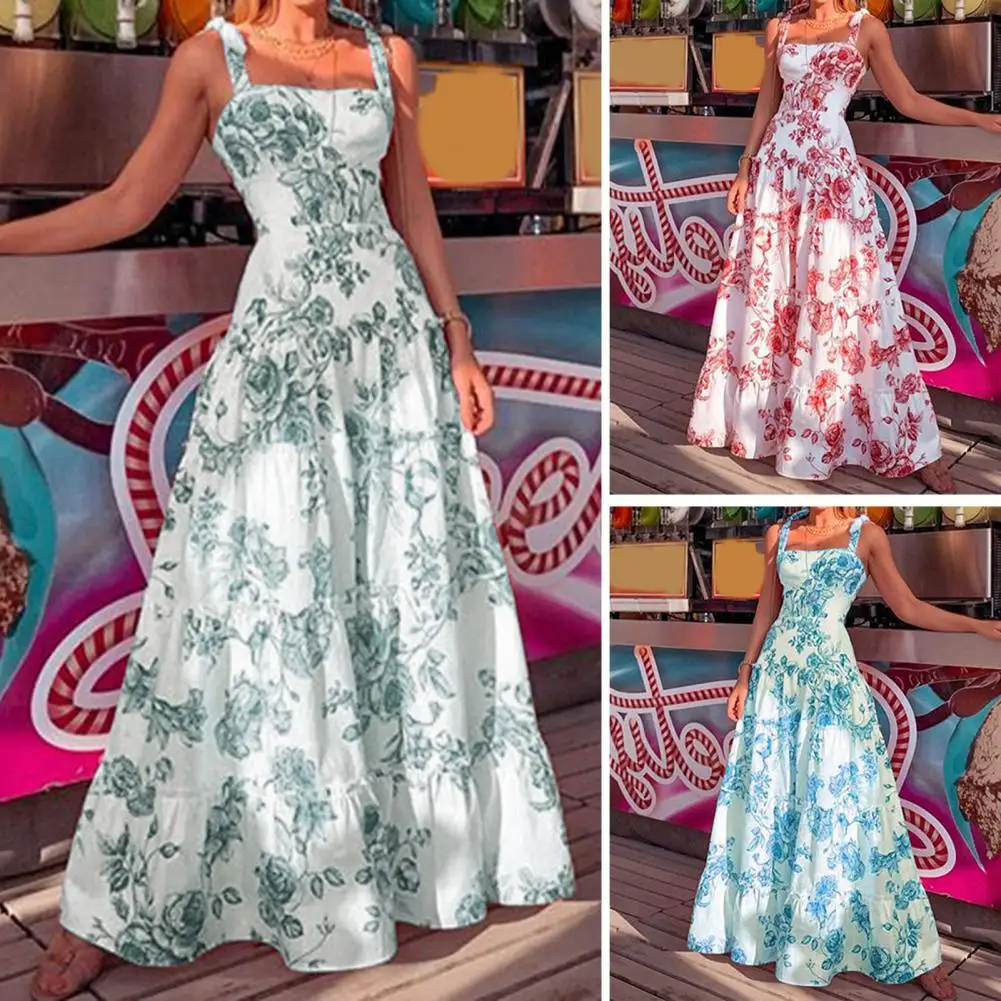 

Popular Women Sundress Streetwear Maxi Dress A-Line Flower Pattern Suspenders Maxi Dress Ruffles