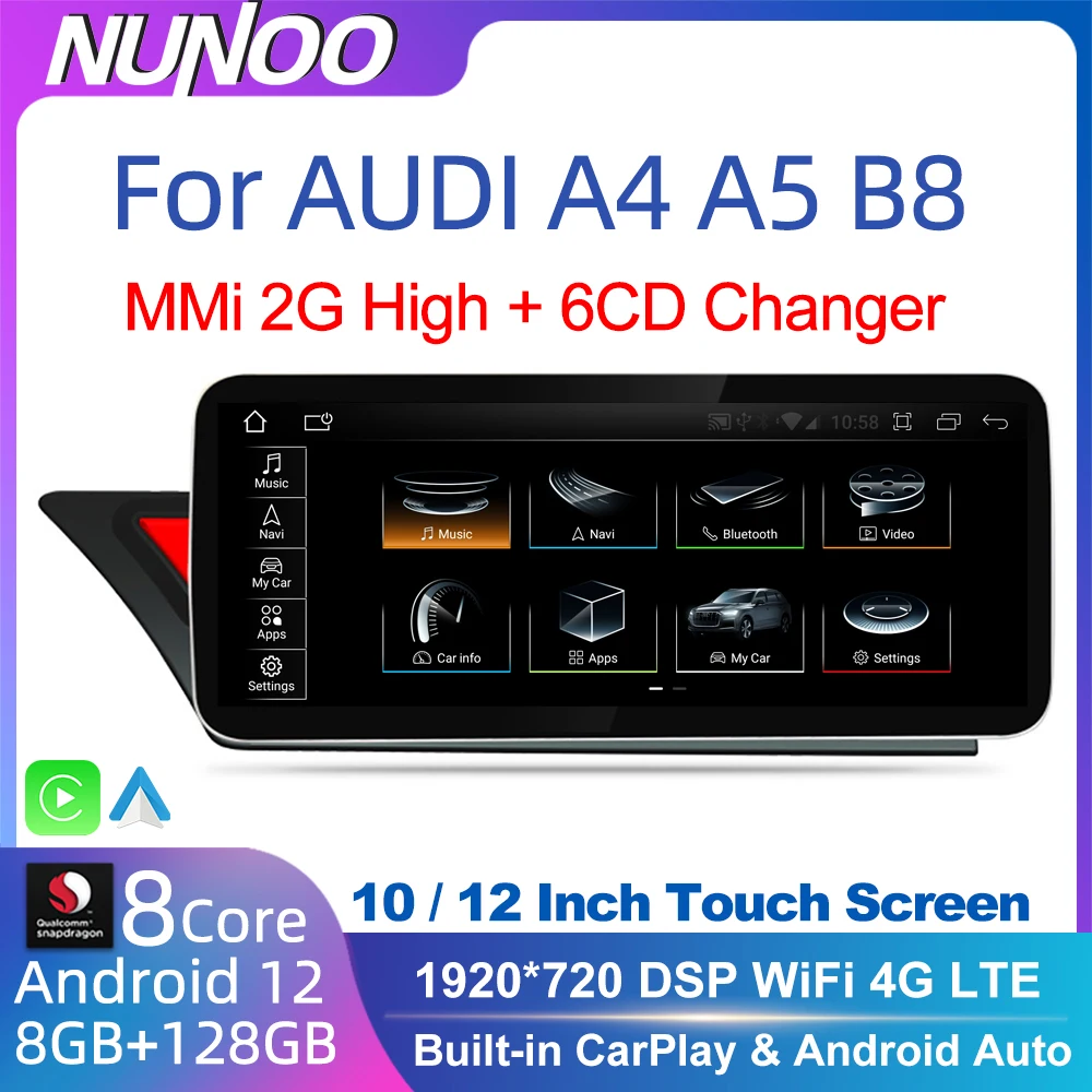 Android 12 CarPlay для Audi A4 B8 A5 2008 2009 2010 MMI 2G High CD Changer Car Stereo Player Multiemdia GPS Navi WiFi