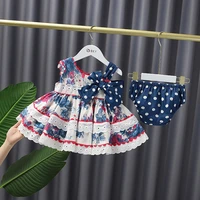 summer baby girls lolita princess printed sleeveless dress child infant sweet lace bow dress short pants party 2pcs suits kids
