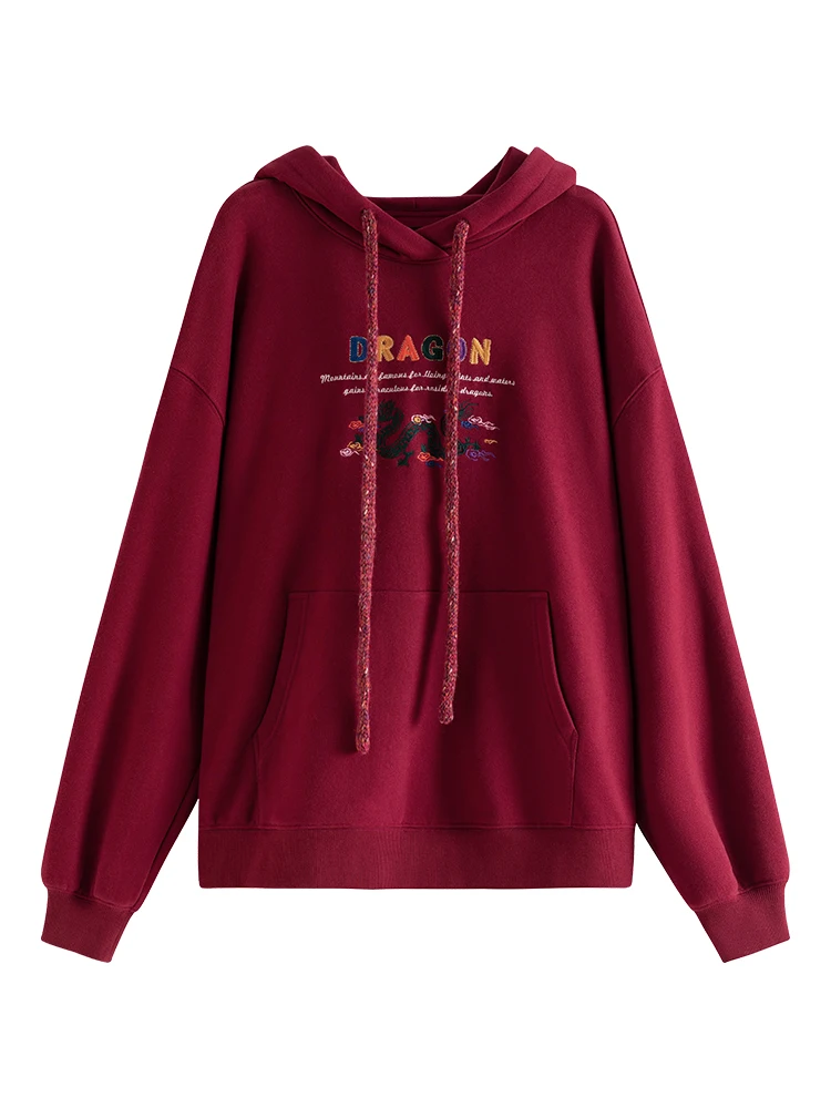 Красный бархатный пуловер с капюшоном