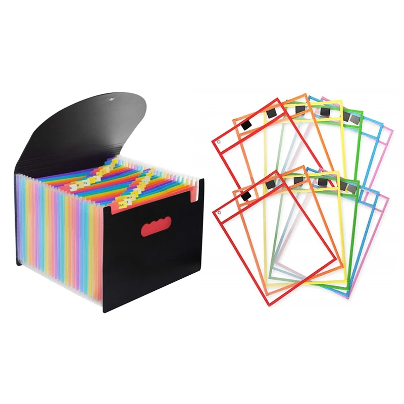 

24 Pocket Extended File Folder With Lid With Reusable Dry Erase Pocket Sleeves With Marker Holder (12 Pack)