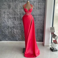 thinyfull 2022 prom evening dresses halter neck mermaid floor length party dress sexy beadings side slit cocktail gown plus size