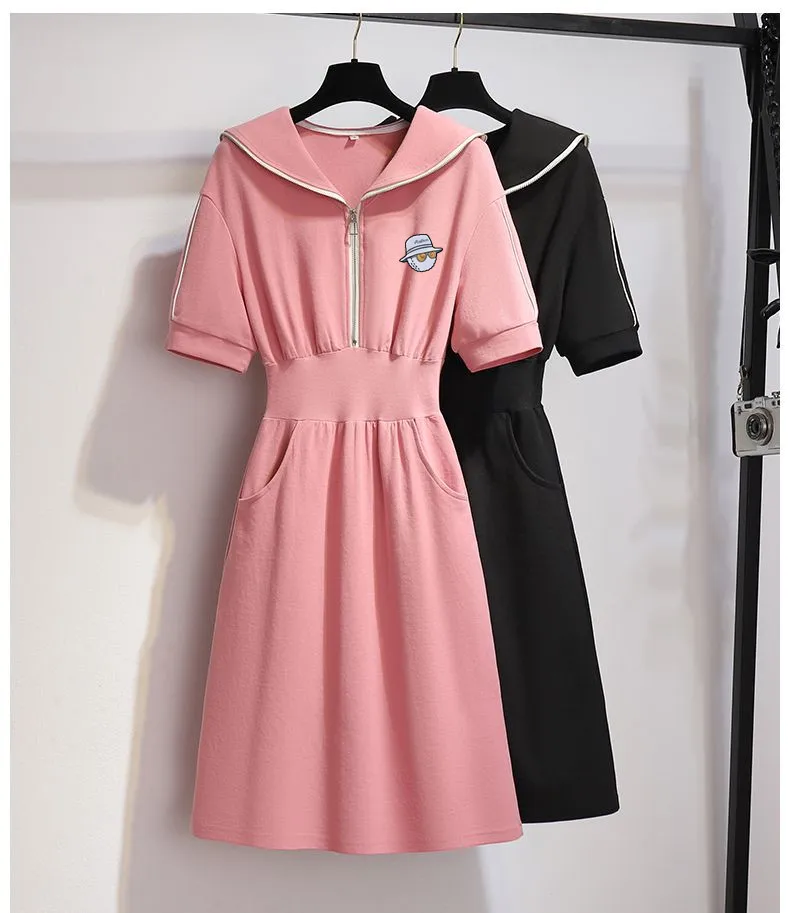 

2023 Summer Women's Mid Length Slim Casual Dress Show Thin Dress Golf Prep Navy Blue Collar Pink Dress Women's Dress