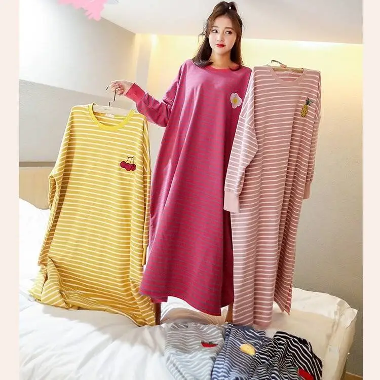 

Ночная рубашка женская оверсайз, Стильная сорочка до щиколотки с длинным рукавом, в полоску, в стиле преппи, повседневная кавайная одежда для сна для подростков, X45, осень 5XL