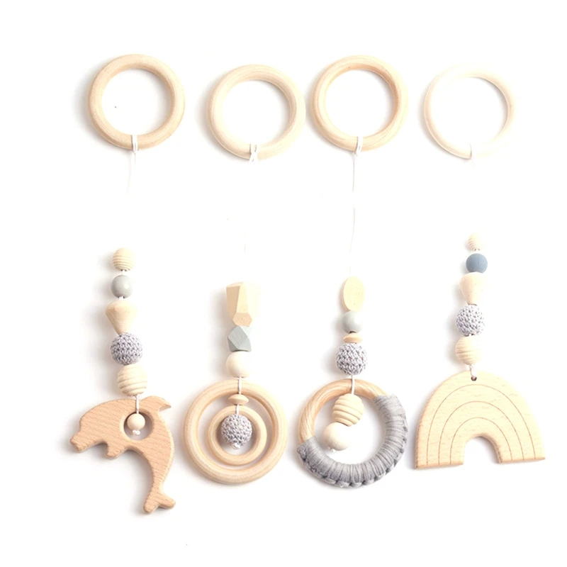 

4 Pcs/Set Baby Gym Frame Pendants Stroller Rattle Wooden Ring Beads Teether Toys P31B