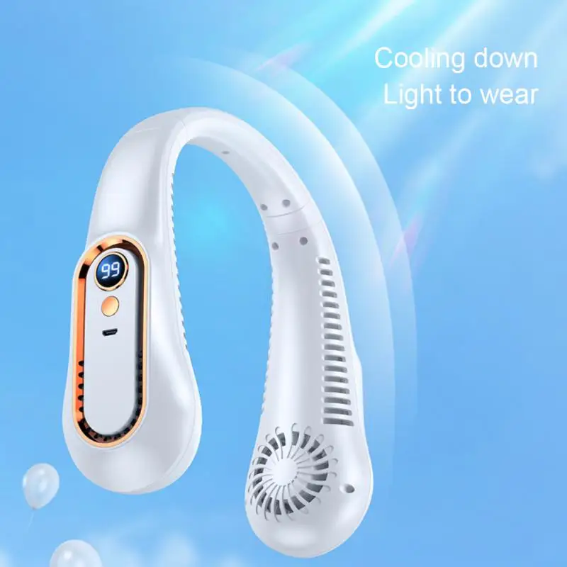 

USB Rechargeable Mini Hanging Neck Fan 360° Surrounding Wind 5-speed Adjustable Digital Display Power Fan LED Smart Display