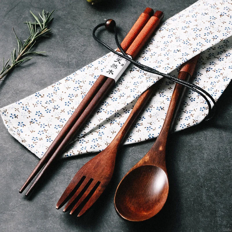 

4pcs Cutlery Tableware Set Wooden Spoon Fork Chopsticks Portable Tourist Camping Dinnerware Set Student Worker Wooden Tableware