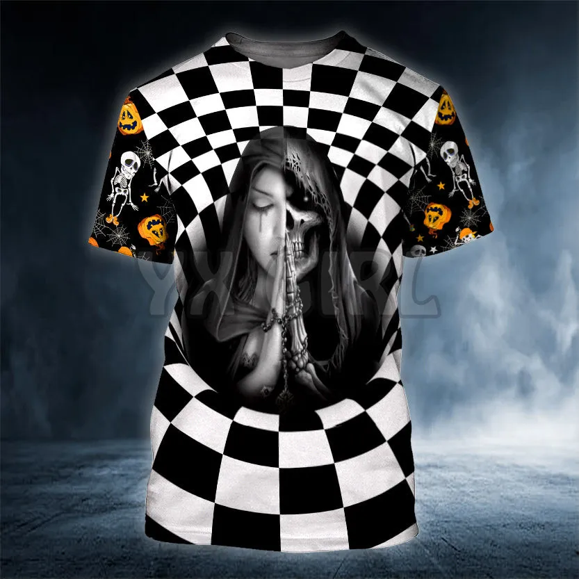 

2022 Summer Checkered Pattern Prayer Reaper Skull Halloween 3D All Over Printed T Shirts Tee Tops shirts Unisex Tshirt