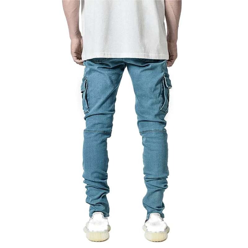 Trend Men's Jeans Elastic Denim Pants Multi Pockets Leggings Slim Fit Denim Cargo Pants High Street Full Length Pencil Pants