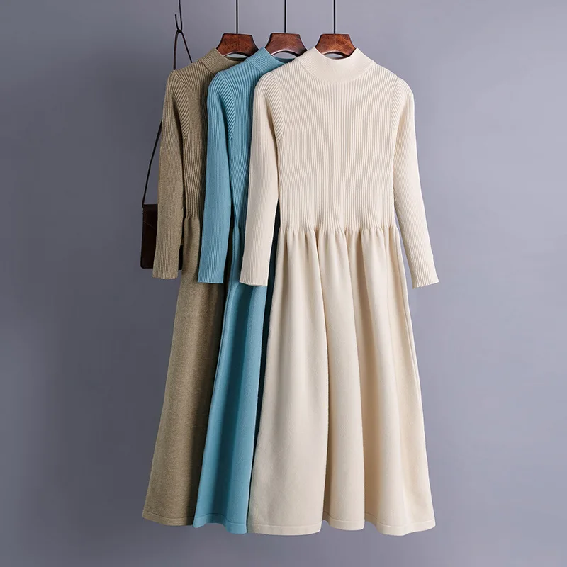 

Осенне-зимнее вязаное длинное платье HLBCBG, женское повседневное облегающее платье с круглым вырезом, платья-свитеры, офисное женское плотное платье для девушек