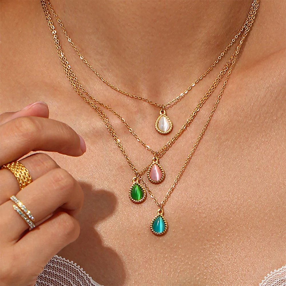 

Elegant Blue Green Pink White Natural Opal Pendant Necklace Luxury 18K Gold Plated Jewelry for Women Daily Accessories