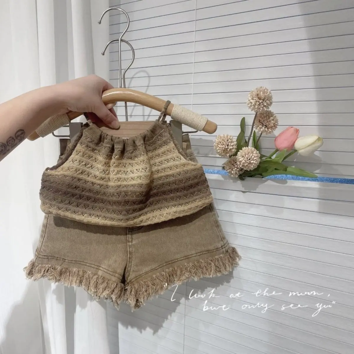 

Children Sets Camisoles Round Collar Sleeveless Striped Hollow Out Pleated Print Jeans Lively Casual Simple Fashion Attractive