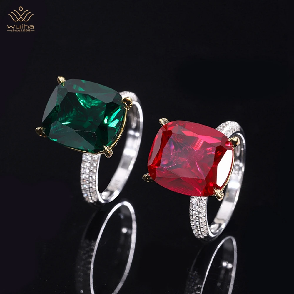

WUIHA Luxury 925 Sterling Silver 12*14MM Emerald/Ruby Sapphire Faceted Gemstone Ring For Women Engagement Gift Jewelry Wholesale