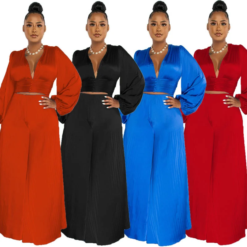 

Women's Autumn and Winter New Product Pleated Sexy V-neck Top Wide Leg Pants Casual Set
