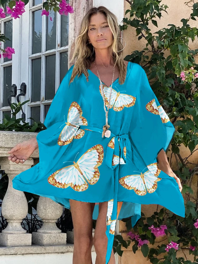 

Летнее пляжное платье с принтом в стиле бохо, женское повседневное мини-платье с оборками, платье-туника в стиле оверсайз, элегантная пляжна...