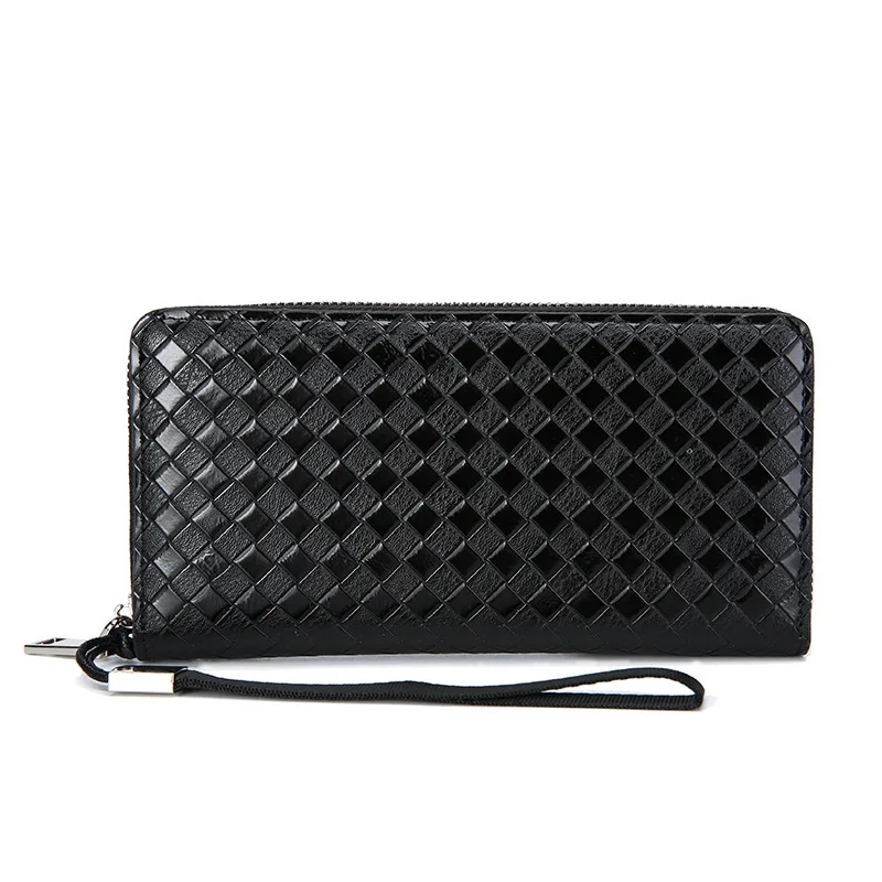 Woven Pattern Purses Men's Long Fashion Business Wallet Large Capacity Handstrap Mobile Phone Clutch