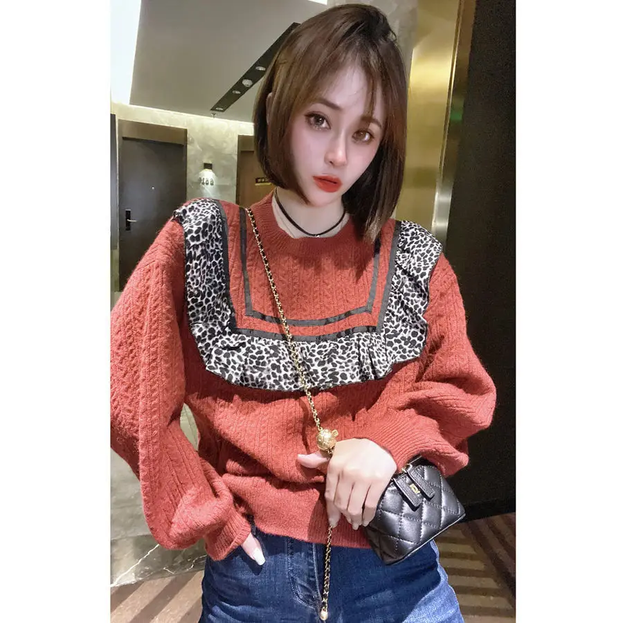 

Женский свитер, Осенний пуловер в Корейском стиле с круглым вырезом и леопардовым принтом, с оборками и длинными рукавами, вязаный свитер дл...