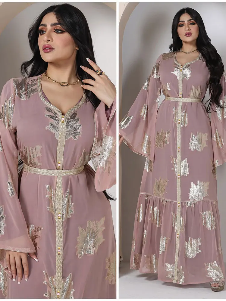 Arabian Kaftan Evening Long Dress Women Gold Stamping Chiffon Moroccan Caftan Dubai Saudi Gulf Jalabiya Muslim Party Abaya 2022