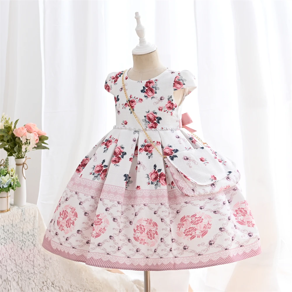 

Linen Print Clothes Child Girl Shoulder Bag Floral Mid-calf 3-10 Yrs Girl Kid's Dress With Pearls Waistband vestidos para niñas