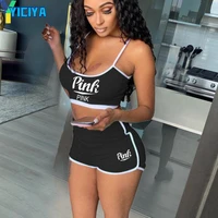 yiciya summer fashion sporty shorts sets letter print womens black two piece set strap crop top shorts casual streetwear 2022