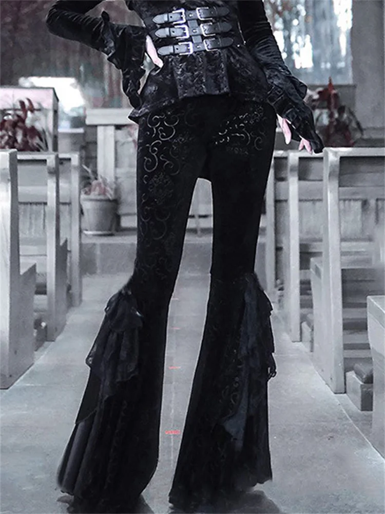 

Готические Бархатные расклешенные женские штаны, сексуальные черные кружевные лоскутные винтажные хиппи-панк Штаны Harajuku с высокой талией, уличная одежда Y2k