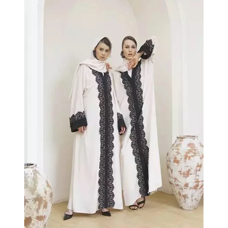 

Middle East Fashion Ramadan Patchwork Lace Long Cardigan Muslim For Women Dubai Abaya Maxi Robe Kimono Turkish Islamic Clothing