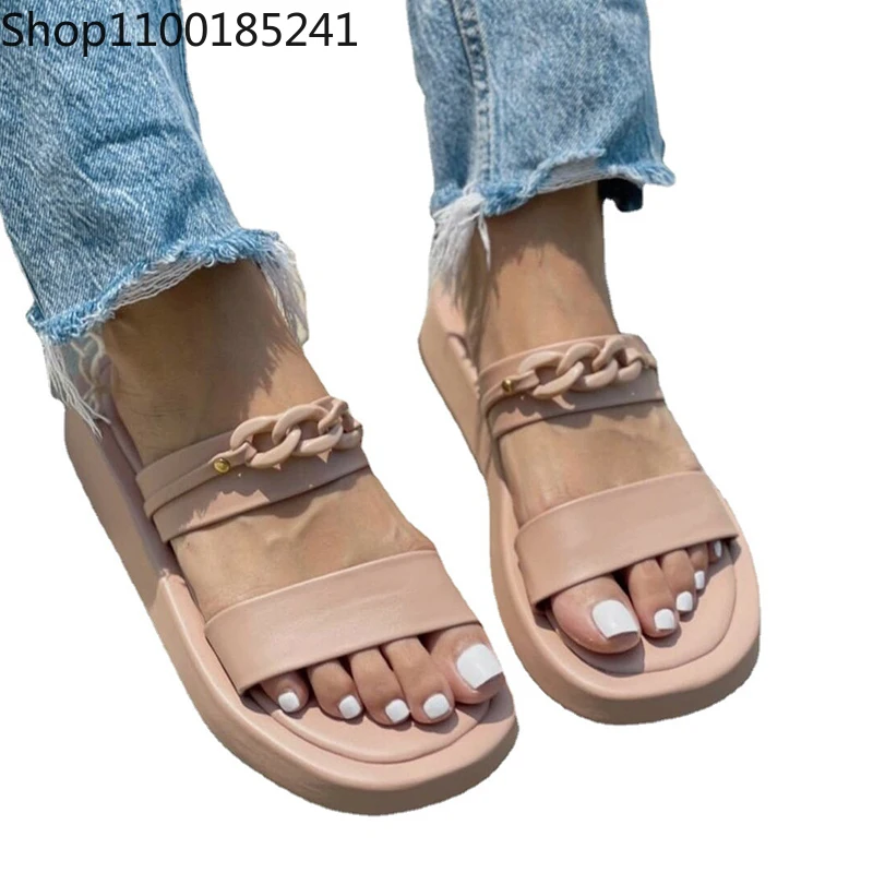 

Platform Slippers For Women 2022 Summer Retro Chain Leather Slides Woman Open Toe Casual Flat Shoes Lady Outdoor Non-Slip Sandal
