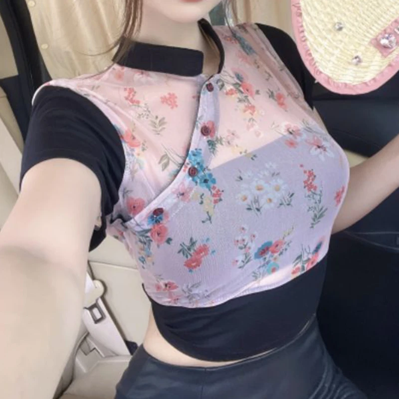 

New Low V-neck Slim Fit Tank Top for Women Amazon Summer Flower Print Sleeveless Top for Women mesh top Woman fashion