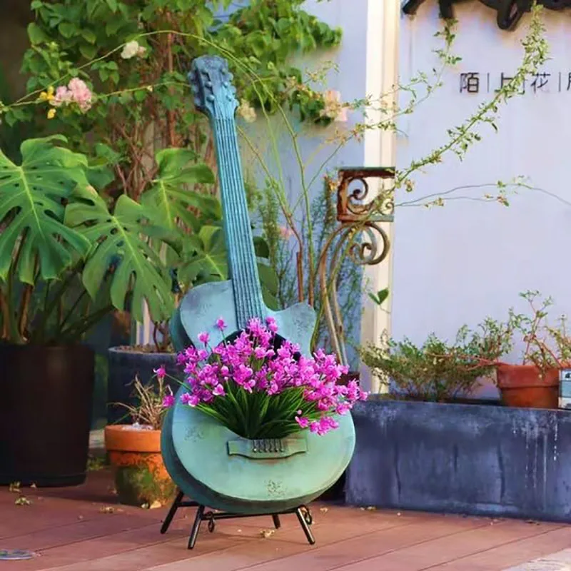 Outdoor Balcony Garden Decorative Creative Decoration Guitar Flower Pot Retro Old Piano Figurine Gardening Home Luminous Decor