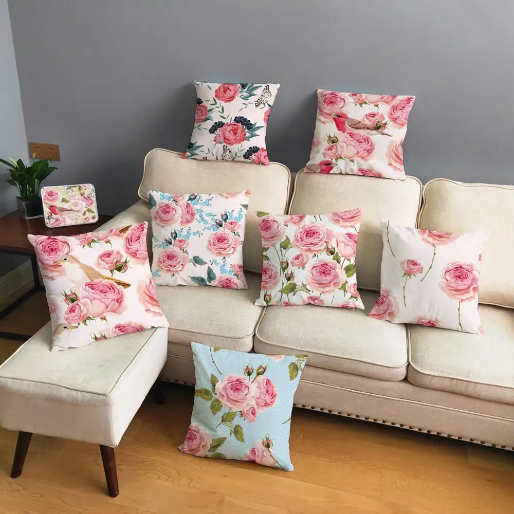 

Чехол для подушки в нордическом простом стиле с розовыми розами, цветами, птицами, плюшевыми растениями, 45x45 см, наволочка для подушки с муль...