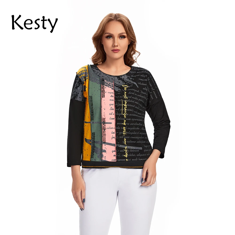 

KESTY Women's Plus Size T-Shirt Spring Cotton 3/4 Sleeve T-Shirt Print Fashion Graphic with Sequins Round Neck Elastic Loose Top